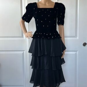 Vtg 70s 80s Michael Maiello for Pat Richards black rhinestone dress 6 S peplum